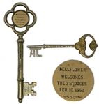 Moe Howards Keys to the City for Atlantic City & Bellflower, CA -- Metal Keys Measure 5.75 x 2 (Atlantic City) & 8.25 x 2.75 (Bellflower) -- Light Wear & Tarnishing, Very Good Condition